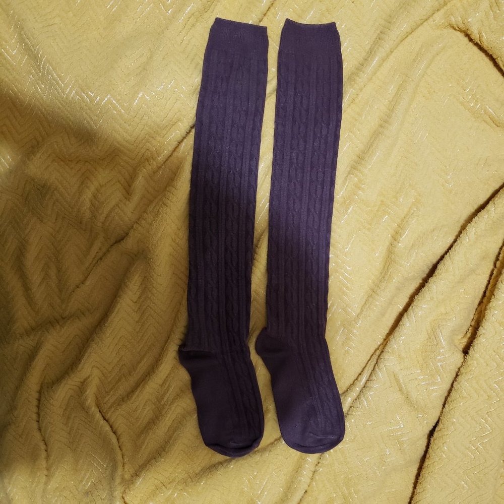 Brown Thigh High Cable Knit Stretch Socks
